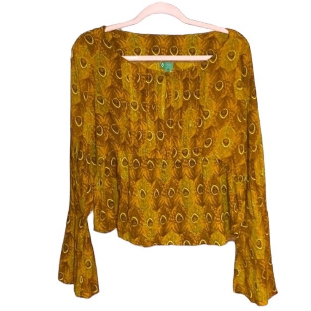 FARM Rio | Anthropologie | Mustard Peacock Floral Blouse Size M Medium